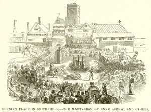 Brandend paleis in Smithfield. Het martelaarschap van Anne Askew en anderen door English School