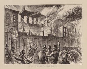 De brand van het Theatre Royal, Glasgow (gravure) door English School