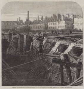 Barsten van de Fleet Ditch en vernietiging van een deel van de Metropolitan Railway, scène van het ongeluk door English School