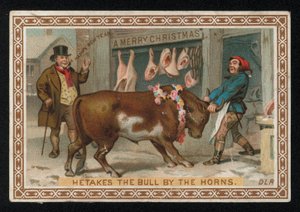 Slager trekt een stier zijn winkel in, kerstwenskaart door English School