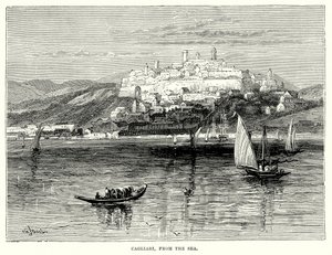 Cagliari, vanaf de zee (gravure) door English School