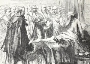 Calvijn spreekt de Raad voor de laatste keer toe, illustratie uit De Geschiedenis van het Protestantisme door James Aitken Wylie, gepubliceerd in 1878 door English School