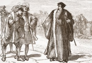 Calvijn beledigd door de Libertijnen op de Rhônebrug, illustratie uit De Geschiedenis van het Protestantisme door James Aitken Wylie, gepubliceerd in 1878 door English School
