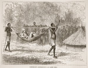 Camerons expeditie - een lamme dag, illustratie uit The Pictorial Edition of the Life and Discoveries of David Livingstone door J. Ewing Richie, uitgegeven door A. Fullarton & Co., 1876