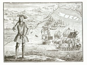 Kapitein Bartholomew Roberts met twee schepen, de Royal Fortune en Ranger zeilen in Whydah Road aan de kust van Guinee, 11 januari 172? uit A General History of the Robberies and Murders of the most Notorious Pyrates