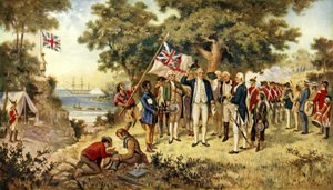 Kapitein Cook neemt bezit van Nieuw-Zuid-Wales, 1770 door English School