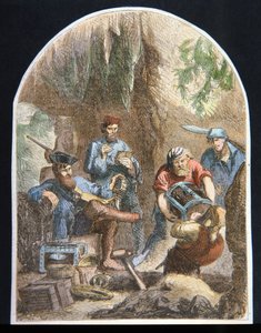 Kapitein William Kidd verbergt schatten in een grot (kleur litho)