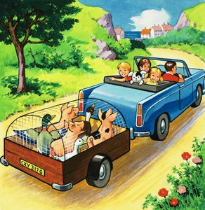 Auto die een aanhanger met boerderijdieren trekt door English School