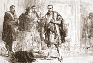 Kardinaal de Tournon leest het protestantse plakkaat voor aan Frans I, illustratie uit De Geschiedenis van het Protestantisme door James Aitken Wylie, gepubliceerd in 1878 door English School