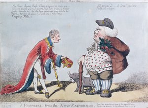 Karikatuur die Napoleon belachelijk maakt ten tijde van de Proclamatie van Napoleon als Keizer op 18 mei 1804, 9 juli 1804