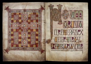 Tapijtblad en Incipitblad ter inleiding van de brief van Hiëronymus aan paus Damasus, Katoen Nero D. IV, f.2v en f.3r uit de Lindisfarne evangeliën, 710-721 (perkament) door English School