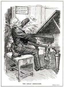 Cartoon die Lloyd George bespot als de Grote Improvisator of leider van de Improvisa-Tories, juni 1920 door English School