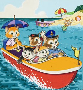 Kattenfamilie in motorboot door English School
