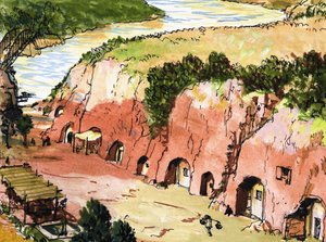 Grot nederzetting bij rivier