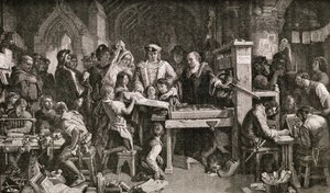 Caxton (c.1422-91) toont voorbeelden van zijn drukwerk aan koning Edward IV in de Almonry in Westminster, 1858 door English School