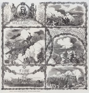 Viering van de overwinningen van de hertog van Wellington bij het Beleg van Seringapatam (1799), nederlaag van Dhondia Wagh (1800), Slag bij Assaye (1803), en de Slag bij Waterloo (1815) door English School