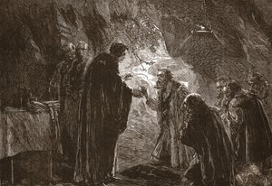 Viering van het Avondmaal door Calvijn en zijn mede-protestanten in de grot van Poitiers, illustratie uit De Geschiedenis van het Protestantisme door James Aitken Wylie, gepubliceerd in 1878 door English School