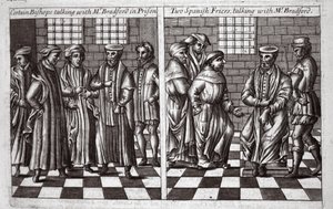 Bepaalde bisschoppen praten met meneer Bradford in de gevangenis, en twee Spaanse monniken praten met meneer Bradford, illustratie uit Handelingen en Monumenten van John Foxe, negende editie, uitgegeven 1684