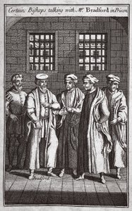 Bepaalde bisschoppen praten met meneer Bradford in de gevangenis, illustratie uit Foxes Martelaren ca. 1703 door English School