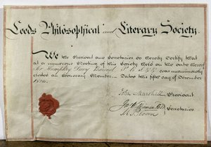 Certificaat van erelidmaatschap voor Sir Humphry Davy (1778-1829) aan de Leeds Philosophical and Literary Society, 5 december 1823