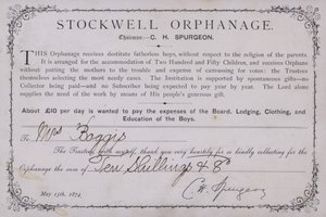 Certificaat van dank voor een donatie aan het Stockwell Weeshuis, Londen, 1874 door English School