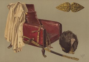 Stoel en mantel van Veldmaarschalk de Hertog van Wellington, met berenmuts en zwaard van de Grenadier Guards door English School