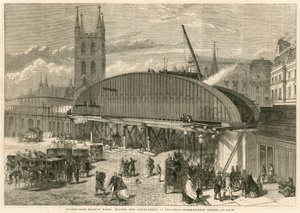 Charing Cross Spoorwegwerken: monster ijzeren liggerbrug bij het London Bridge Spoorwegstation