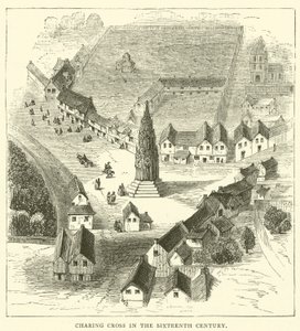 Charing Cross in de zestiende eeuw (gravure) door English School