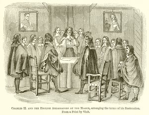 Karel II en de Engelse ambassadeurs in Den Haag, regelen de voorwaarden van zijn restauratie door English School
