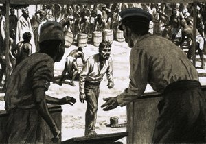 Charles Osborne en kapitein Stott legden vaten rum op het strand door English School