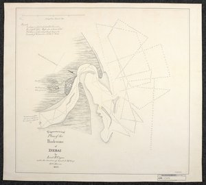 Kaart van Dubai in 1822 door mariene landmeters van de Engelse Oost-Indische Compagnie, getiteld Trigonometrisch Plan van de Achterwater van Debai door luitenant R. Cogan onder leiding van luitenant J. M. Guy, H. C. Marine door English School