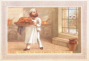 Chef houdt kalkoen schaal, kerstkaart door English School