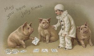 Kind in een Pierrot-kostuum met drie varkens, kerstkaart door English School