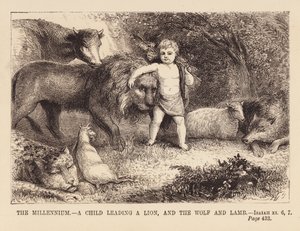 Kind leidt een leeuw en de wolf en het lam (gravure) door English School