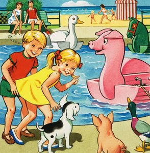 Kinderen en boerderijdieren naast een pedalo vijver