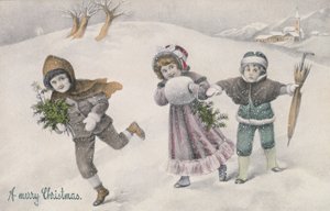 Kinderen in de sneeuw, Victoriaanse ansichtkaart (print) door English School