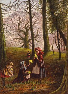 Kinderen plukken bloemen in het bos (kleurenlitho) door English School