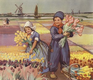 Kinderen die tulpen plukken in Nederland
