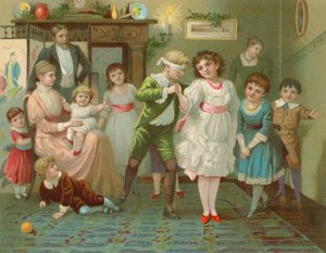 Kinderen spelen blindemannetje tijdens kersttijd