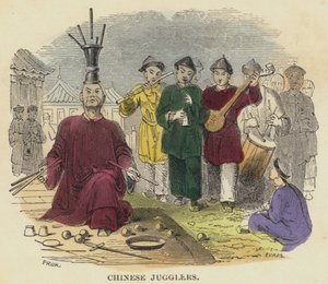 Chinese goochelaars (gekleurde gravure) door English School