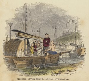 Chinese rivier-scène, kind overboord (gekleurde gravure) door English School