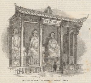 Chinees tempel en kolossale Boeddha-idolen door English School