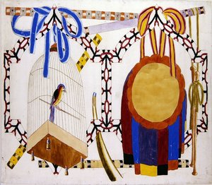 Chinoiserie ontwerp met vogelkooi en muziekinstrumenten