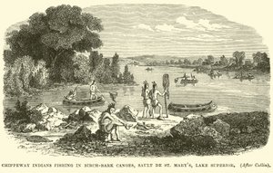 Chippeway-indianen vissen in berkenbast kano