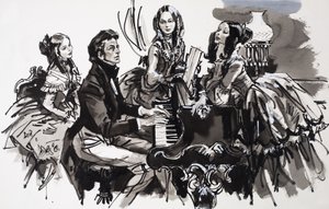 Chopin met vrouwelijke bewonderaars (gouache op papier)