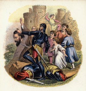 Christiana en de pelgrims kijken toe hoe Greatheart Reus Wanhoop doodt, een illustratie uit De Christenreis van John Bunyan