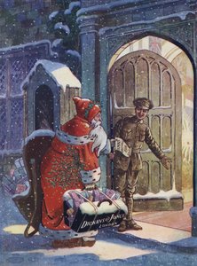 Kerstadvertentie die de Kerstman toont die geschenken brengt voor WW1-soldaten van Dickins en Jones warenhuis (kleur litho) door English School