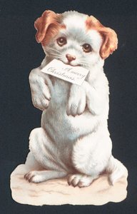 Kerstkaart met puppy die een kaart draagt door English School