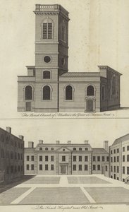 Kerk van Allhallows the Great, Thames Street en het Franse ziekenhuis nabij Old Street, Londen