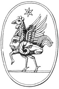 Klassieke Griekse edelsteen in de vorm van Pan verbonden met een haan, een ram en de zon door English School